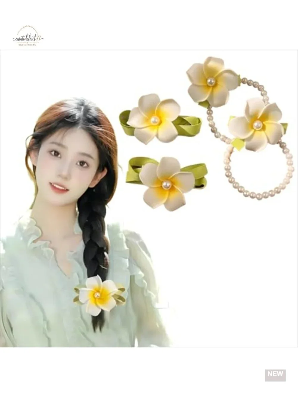 4-Piece Tropical Plumeria Flower Hair Clips & Pearl Scrunchies Set